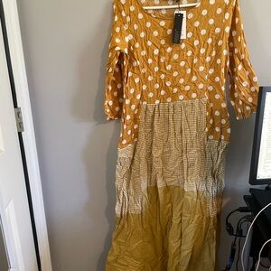 Zanzea Mustard and White Polka Dot Long Sleeve Dress